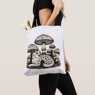 Cottagecore Cat with Mushrooms Tote Bag