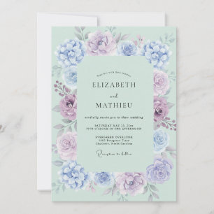Cottagecore Celadon Periwinkle Peony Wedding Invitation
