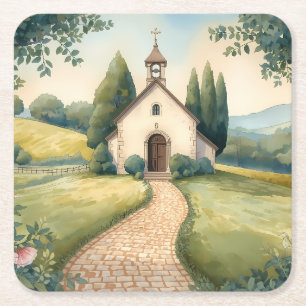 Cottagecore Chapel Path Pastel Landscape Square Paper Coaster
