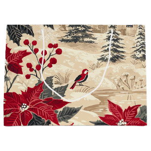 Cottagecore Christmas Manor Red Poinsettia Cream Large Gift Bag