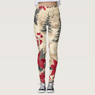 Cottagecore Christmas Manor Red Poinsettia Cream Leggings