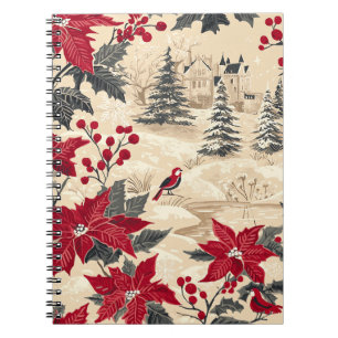 Cottagecore Christmas Manor Red Poinsettia Cream Notebook