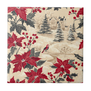Cottagecore Christmas Manor Red Poinsettia Cream Tile