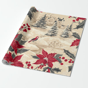 Cottagecore Christmas Manor Red Poinsettia Cream Wrapping Paper