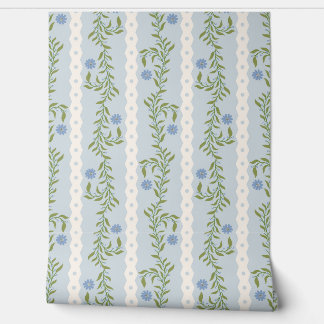 Cottagecore Climbing Floral Stripes on Light Blue Wallpaper