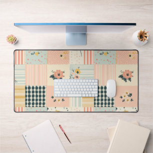 Cottagecore Coral Pastel Floral Patchwork Quilt Desk Mat