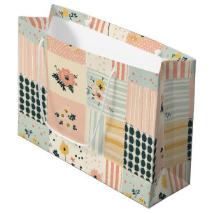 Cottagecore Coral Pastel Floral Patchwork Quilt Large Gift Bag