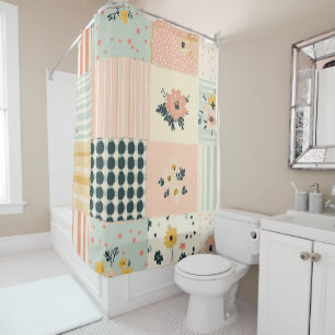 Cottagecore Coral Pastel Floral Patchwork Quilt Shower Curtain