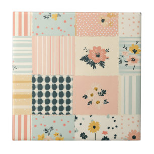 Cottagecore Coral Pastel Floral Patchwork Quilt Tile