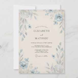 Cottagecore Cornflower Painted Leafy Wedding Invitation