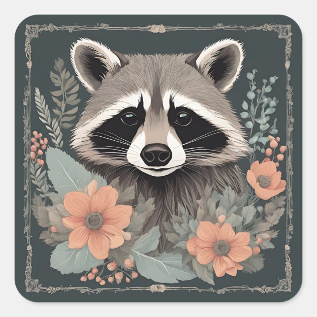 Cottagecore Cute Racoon Square Sticker (Front)