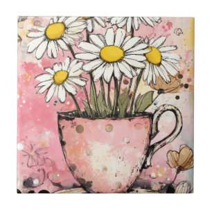 Cottagecore Daisy Bouquet in a Blush Teacup Tile