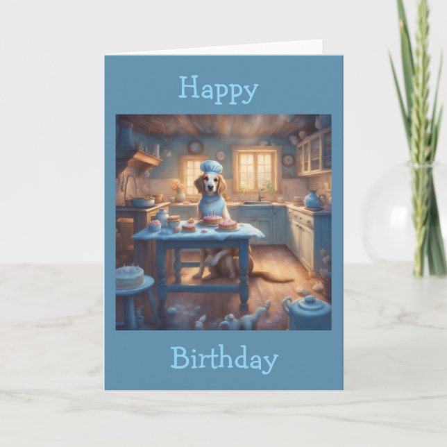 Cottagecore Dog Baking in Kitchen Birthday Card (Front)