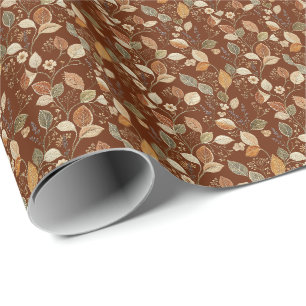 Cottagecore Embroidered Rust Brown Fall Leaf Wrapping Paper