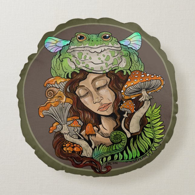 Cottagecore Fairy Frog Round Cushion (Front)