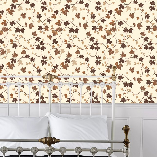 Cottagecore Fall Brown Vines Wallpaper (Cottagecore Fall Brown Vines Wallpaper behind a white metal bed frame. )