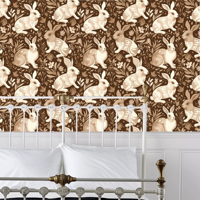 Cottagecore Fancy Rabbits Wallpaper (Cottagecore Fancy Rabbits Wallpaper behind a white metal bed frame. )