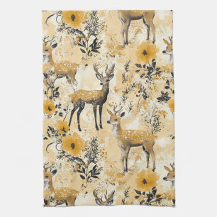 Cottagecore Fawn Floral Pattern Tea Towel