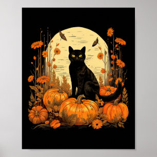 Cottagecore Floral Black Cat Pumpkins Fall Autumn Poster