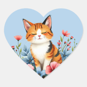 Cottagecore Floral Cat Serene Feline Botanical Art Heart Sticker
