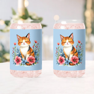 Cottagecore Floral Cat Serene Feline Botanical Can Glass