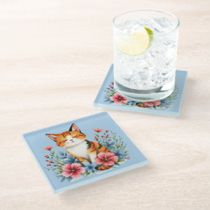 Cottagecore Floral Cat Serene Feline Botanical Glass Coaster