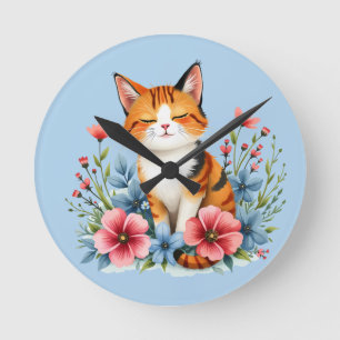 Cottagecore Floral Cat Serene Feline Botanical Round Clock