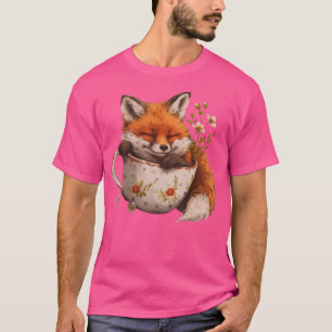 Cottagecore Floral Cute Fox Tea Cup Aesthetic Art  T-Shirt