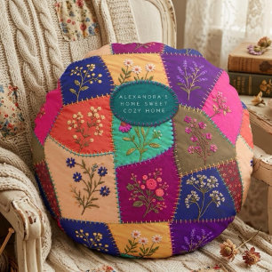 Cottagecore Floral Patchwork Embroidered Effect Round Cushion