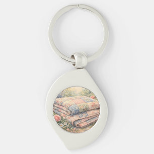 Cottagecore Floral Patchwork Quilt Watercolor Key Ring