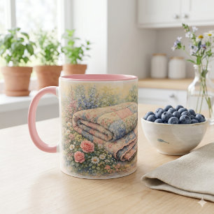 Cottagecore Floral Patchwork Quilt Watercolor Mug