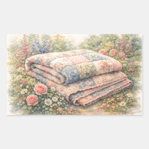 Cottagecore Floral Patchwork Quilt Watercolor Rectangular Sticker