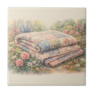Cottagecore Floral Patchwork Quilt Watercolor Tile