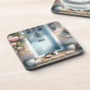 Cottagecore Floral Porch with Calico Cat Coaster