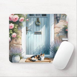 Cottagecore Floral Porch with Calico Cat Mouse Mat