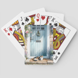 Cottagecore Floral Porch with Calico Cat Playing Cards