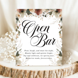 Cottagecore Floral Wedding Reception Open Bar Pedestal Sign