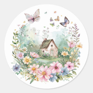 Cottagecore Floral Wreath with Butterflies Classic Round Sticker