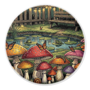 Cottagecore Forest Scene Whimsical Mushrooms Ceramic Knob