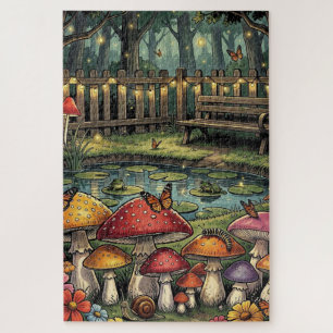 Cottagecore Forest Scene Whimsical Mushrooms Jigsaw Puzzle
