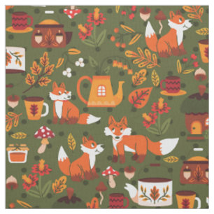 cottagecore fox mushroom tea party fairy garden fabric