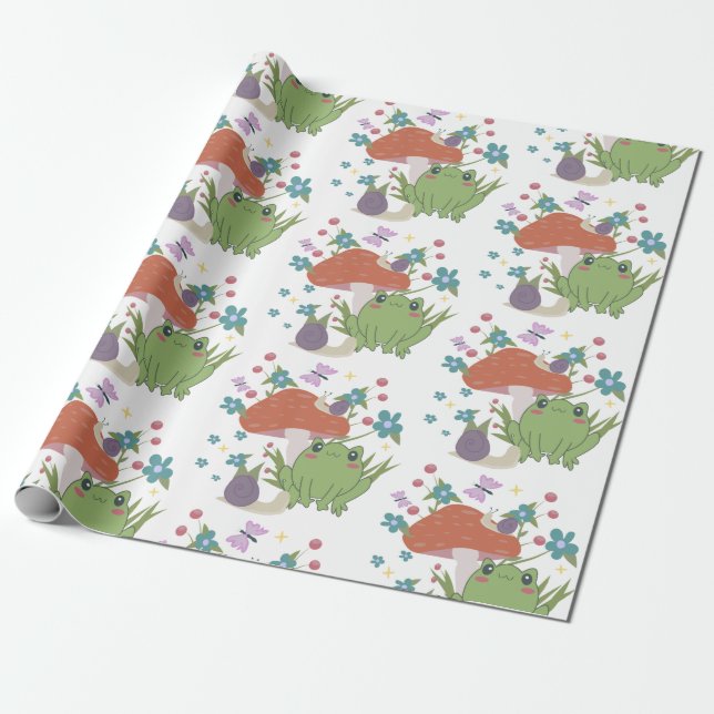 cottagecore frog mushroom wrapping paper (Unrolled)