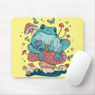Cottagecore frog on mushroom house mouse mat