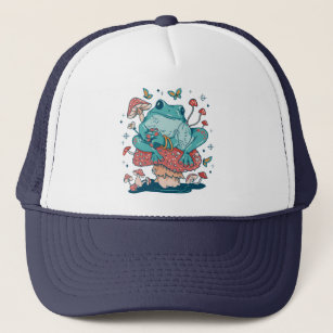 Cottagecore frog on mushroom house trucker hat