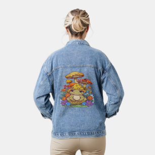 Cottagecore Frog with Flowers and Mushrooms Denim Jacket