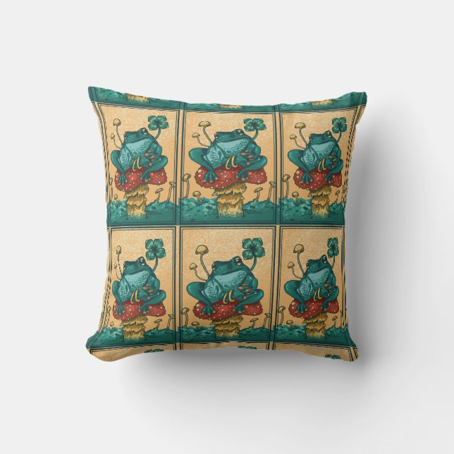 Cottagecore frog with mushroom  cushion (Front)