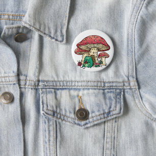 Cottagecore frog with mushroom house 6 cm round badge
