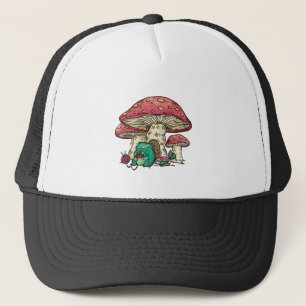 Cottagecore frog with mushroom house trucker hat