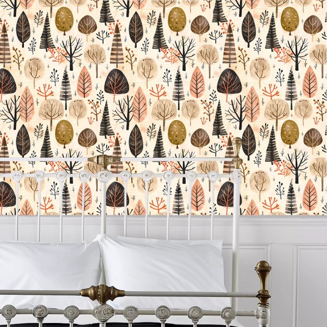 Cottagecore Funky Trees Wallpaper (Cottagecore Funky Trees Wallpaper behind a white metal framed bed.)