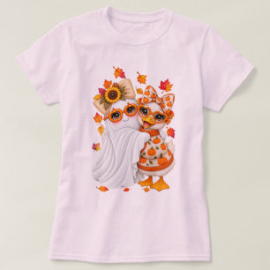 Cottagecore Goose Ghost Sunflower Bow Autumn T-Shirt